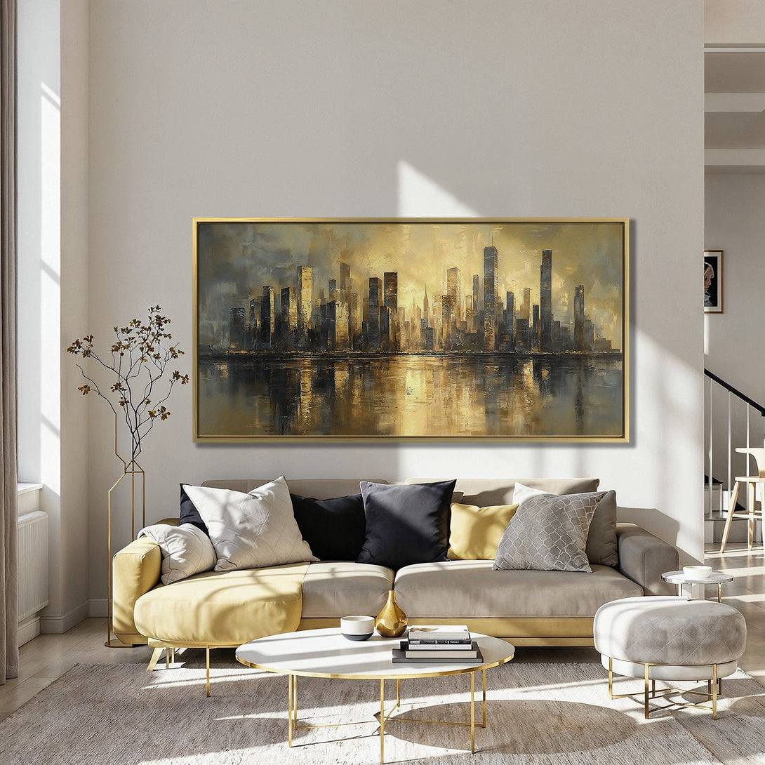 Canvas Print of a cityscape with golden hues. Modern art style, perfect for living room decor. Adds a touch of elegance to any space.