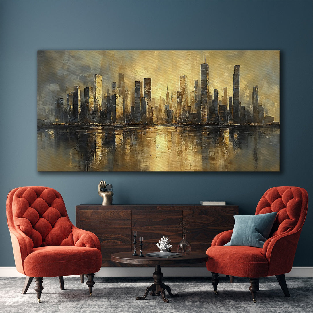 Framed Wall Art: Abstract cityscape canvas print in gold and grey tones. Modern art for living room decor. Elevate your space with this stunning piece.