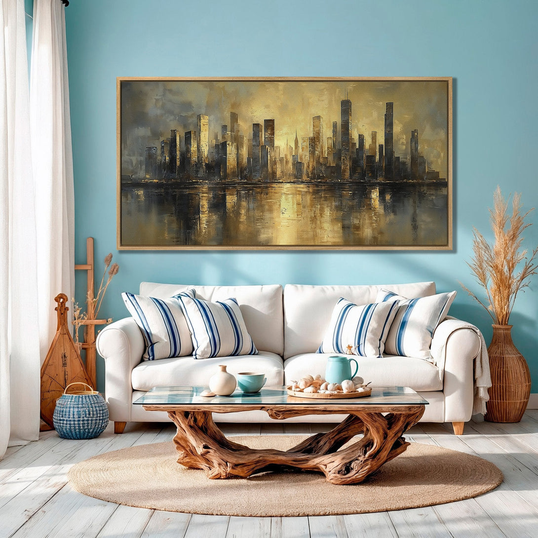 Framed Wall Art of a cityscape in a warm, golden color palette. Modern abstract style, perfect for living room decor.