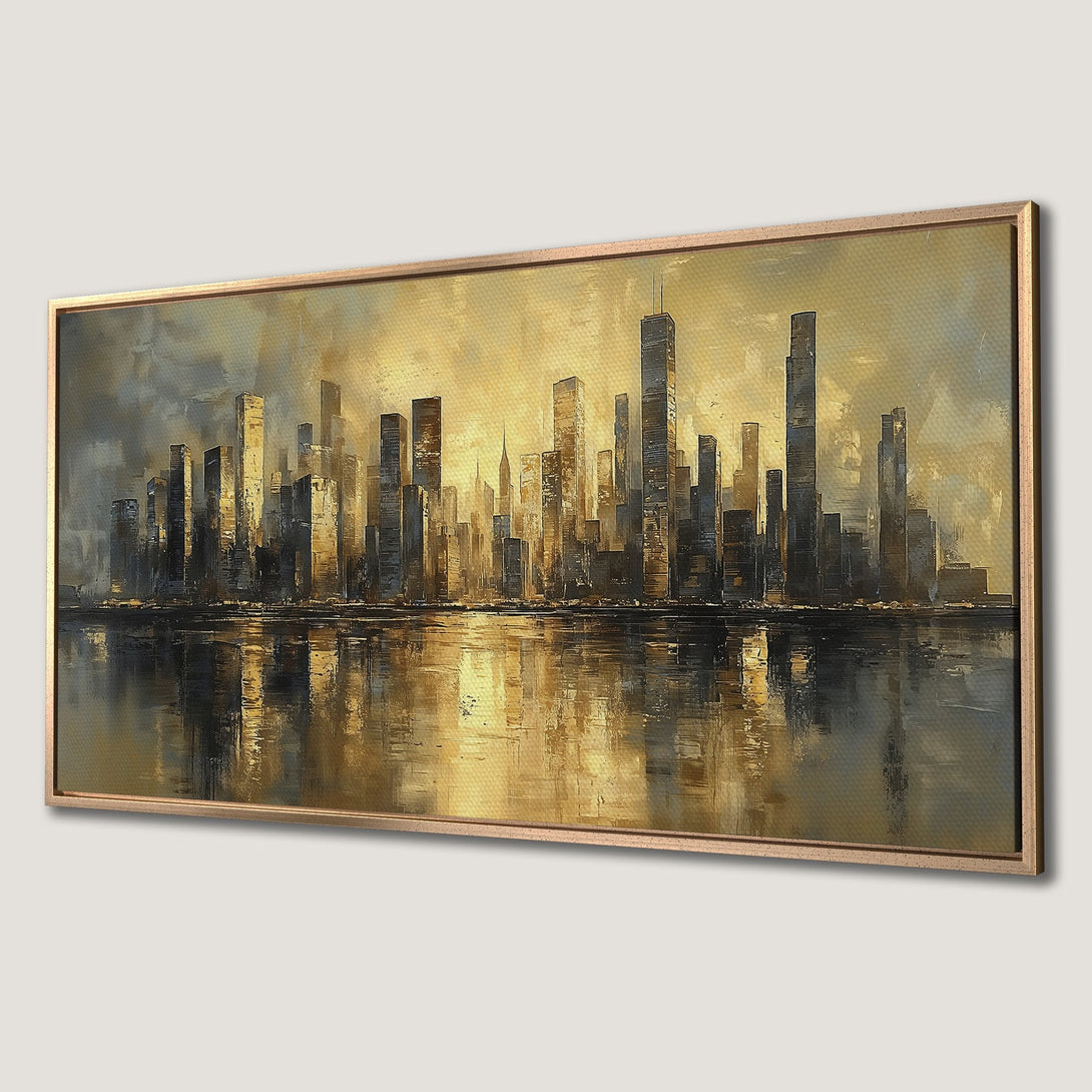 Framed Wall Art of a cityscape skyline in a golden and gray palette. Modern art Canvas Print to elevate your home decor.