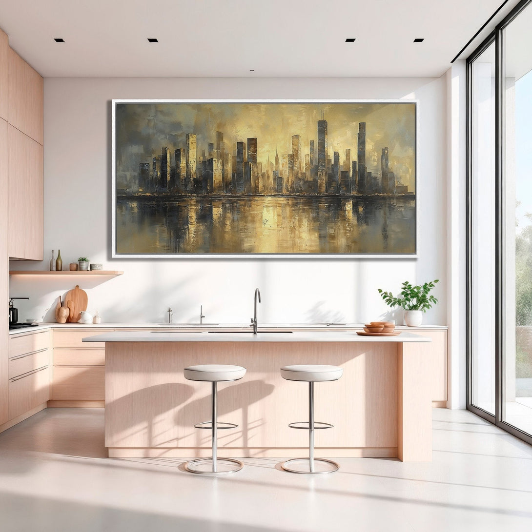 Framed Wall Art: Stunning cityscape Canvas Print in a modern kitchen. Features a warm, golden and grey color palette, perfect for home decor.