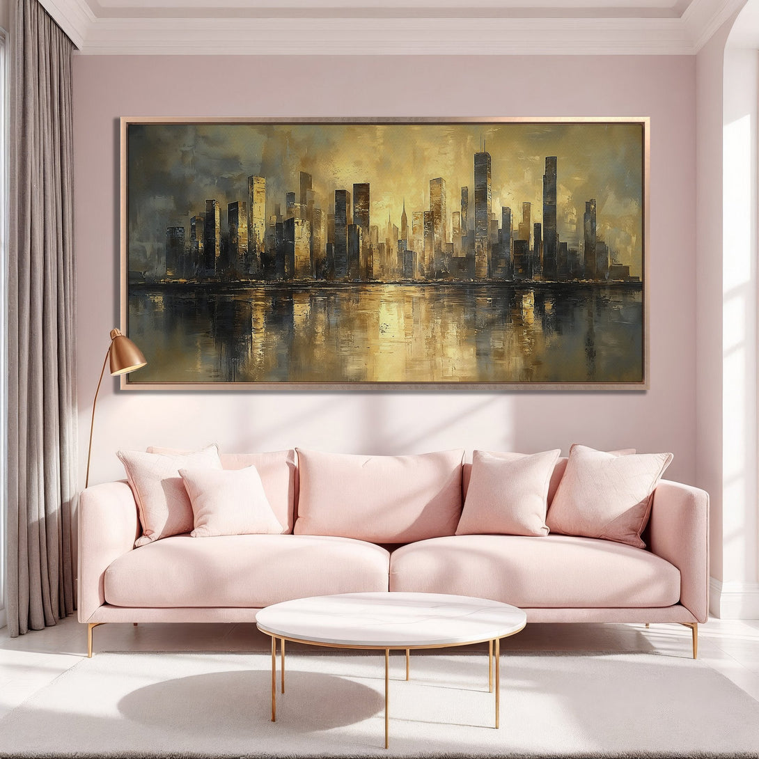 Framed Wall Art: Stunning cityscape canvas print in gold, gray, and black hues. Perfect for modern home decor. Elevate your space today!