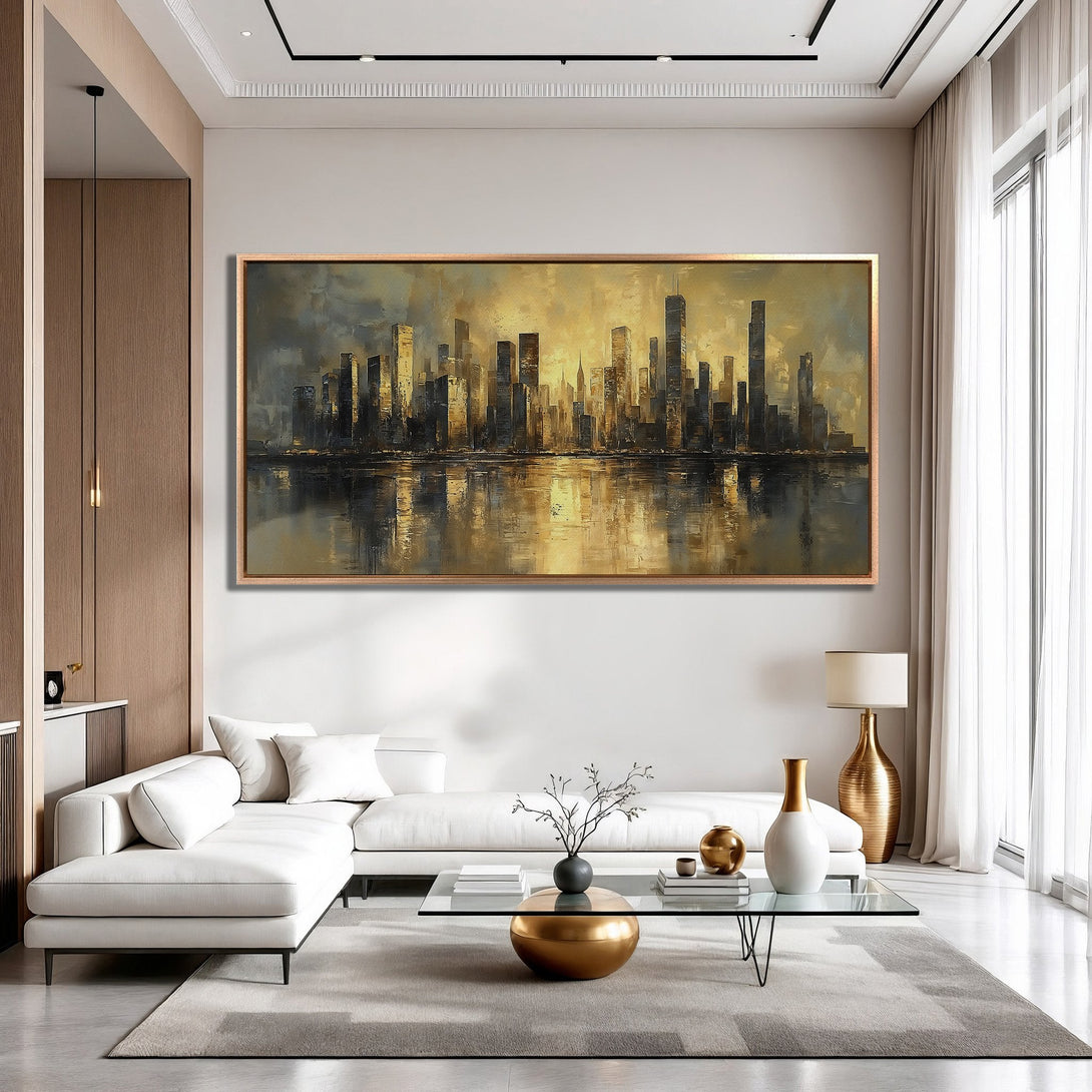 Framed Wall Art: Abstract cityscape canvas print in gold, gray, and black. Modern art for living room decor. Enhance your space with this stunning piece.