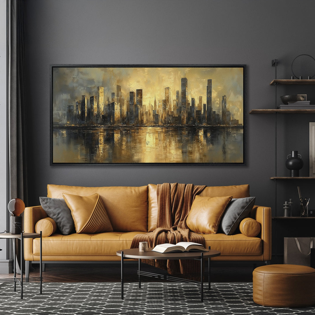 Framed Wall Art: Abstract cityscape Canvas Print in warm gold & gray tones. Modern art for living room, adds a touch of luxury and sophistication.