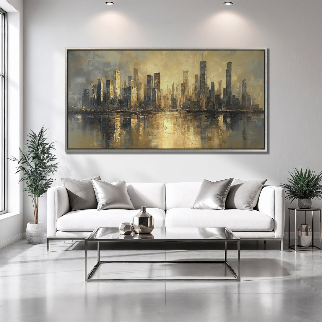 Framed Wall Art: Abstract cityscape painting in gold, gray, and black. Modern art canvas print adds elegance to any living room decor.