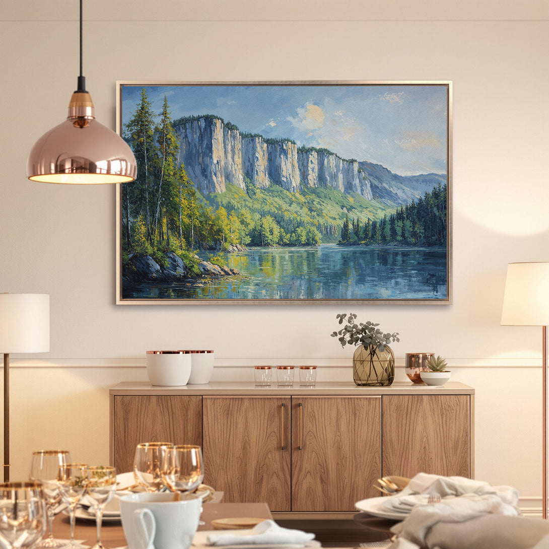 Framed Wall Art: Landscape painting of mountains and lake in blue, green, and beige. Add a touch of nature to your home with this stunning canvas print.