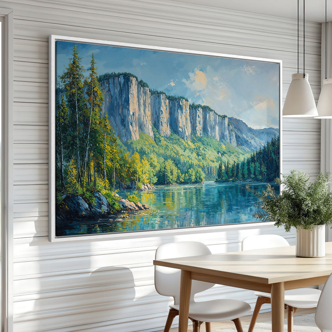 Framed Wall Art: Landscape painting of a mountain lake in blue, green, and yellow tones. Enhance your home with this stunning canvas print.