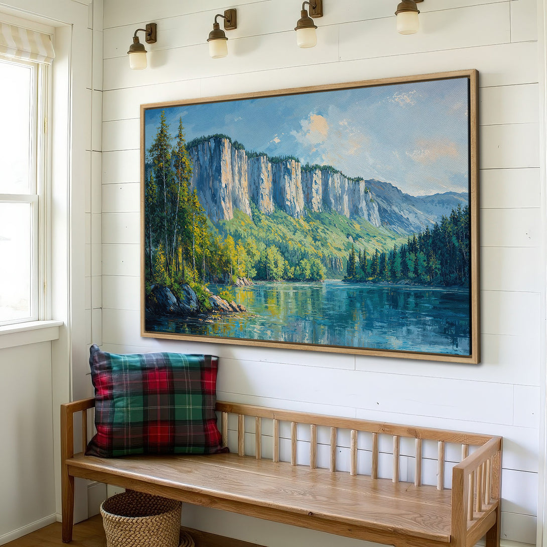 Framed Wall Art: Landscape painting with a serene lake scene in blue and green hues. Perfect for adding a touch of nature to your home decor.
