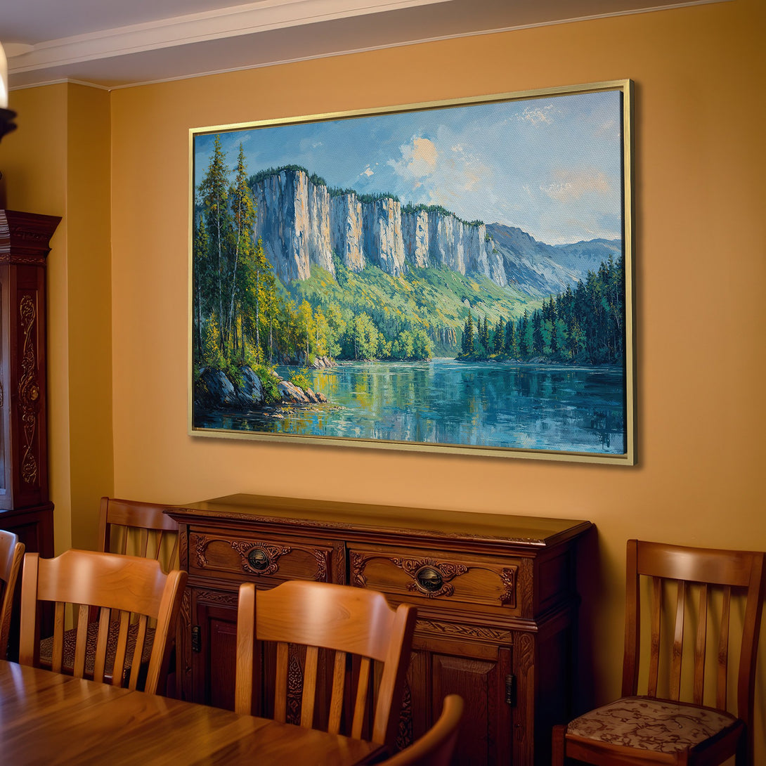 Canvas Print of a serene mountain lake landscape in a warm, inviting interior. Earthy tones and a calming aesthetic for your home.