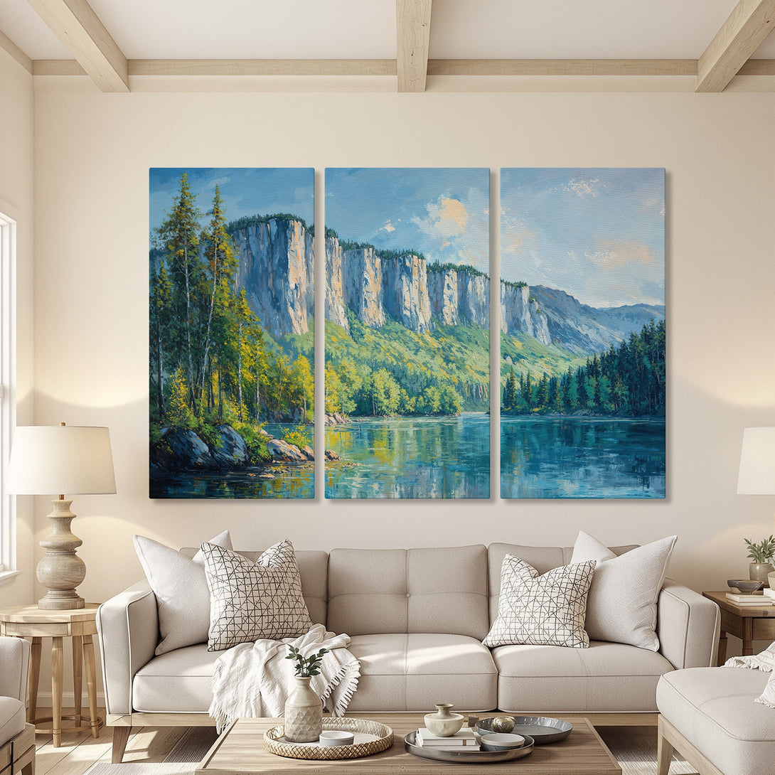 Canvas Print of a serene landscape painting with a blue and green color palette. Features a mountain lake scene in a living room setting.