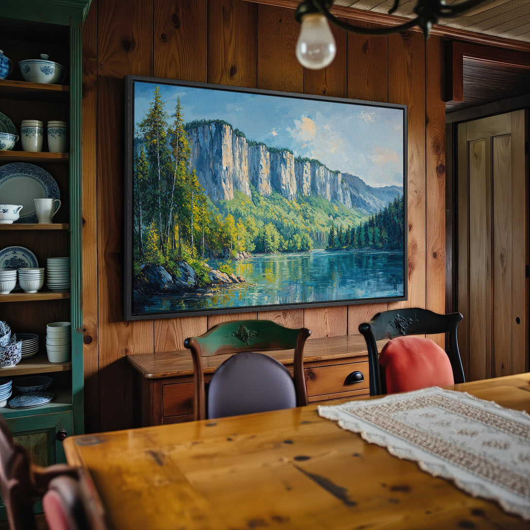 Framed Wall Art: Landscape Canvas Print in a rustic interior. Features a scenic mountain and lake view, with blue, green, and neutral color palette.
