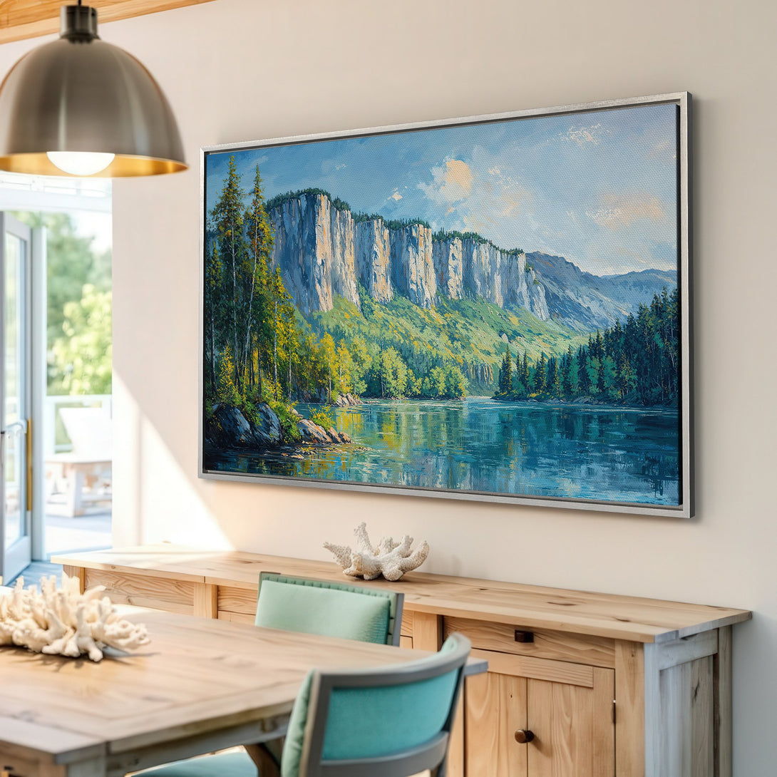 Framed Wall Art: Landscape Canvas Print featuring a serene lake scene with a blue, green, and neutral color palette. Perfect for adding a touch of nature to your home decor.