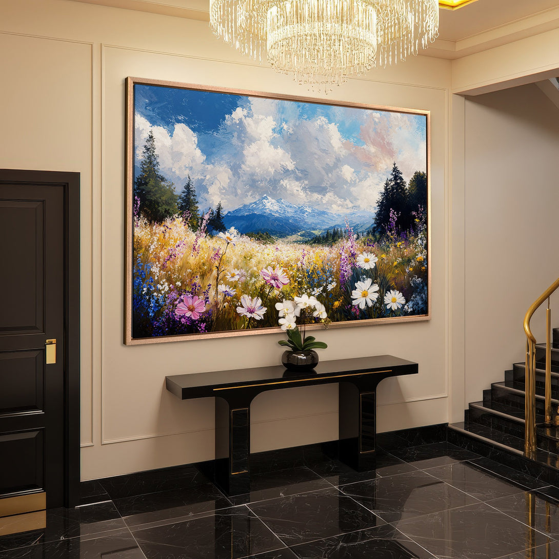 Framed Wall Art: Landscape Canvas Print with wildflowers, mountain view, and blue sky. Vibrant colors perfect for home decor.