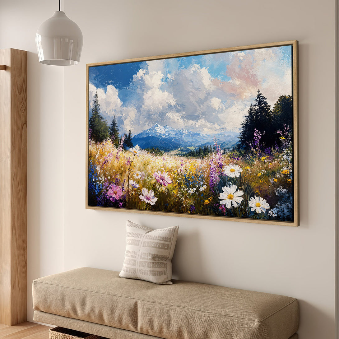 Framed Wall Art: Stunning landscape Canvas Print with wildflowers and mountain view. Beautiful, colorful art for your home.