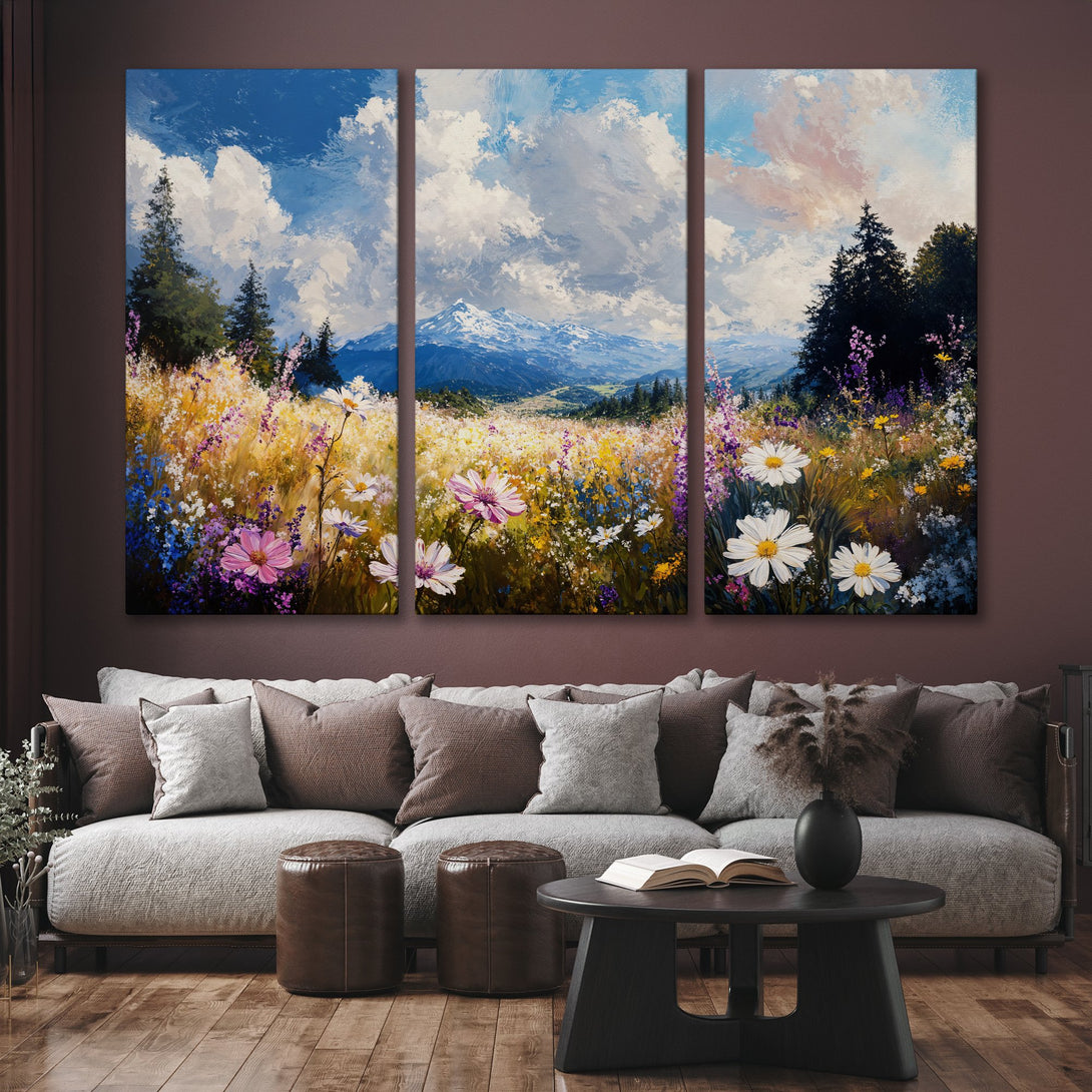 Canvas Print of a vibrant mountain meadow painting. Impressionistic style with blue, yellow, and pink hues. Perfect wall art for a cozy living room.