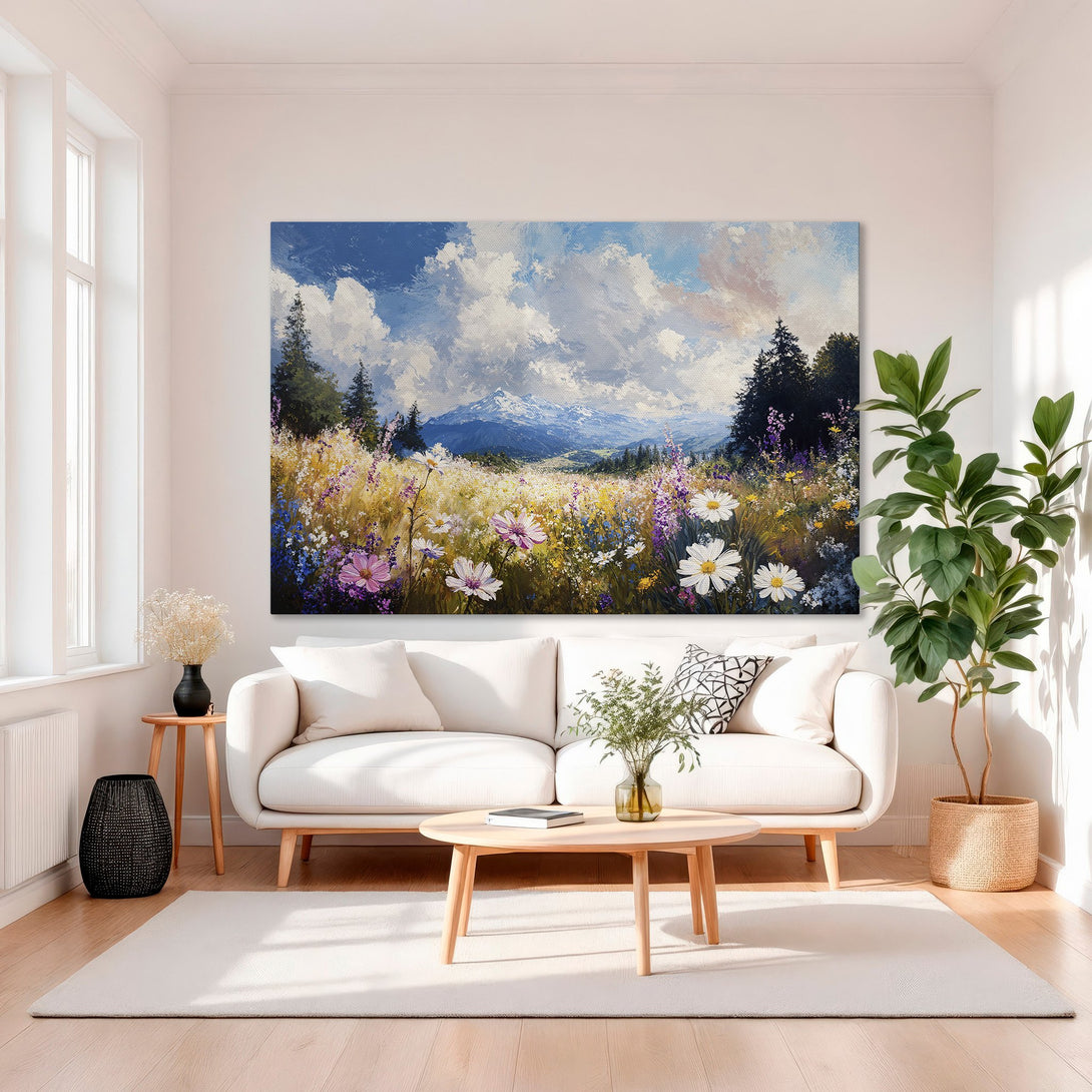 Framed Wall Art: Landscape Canvas Print with wildflowers, mountain, and sky. Beautiful art with a colorful palette of blues, pinks, and yellows.
