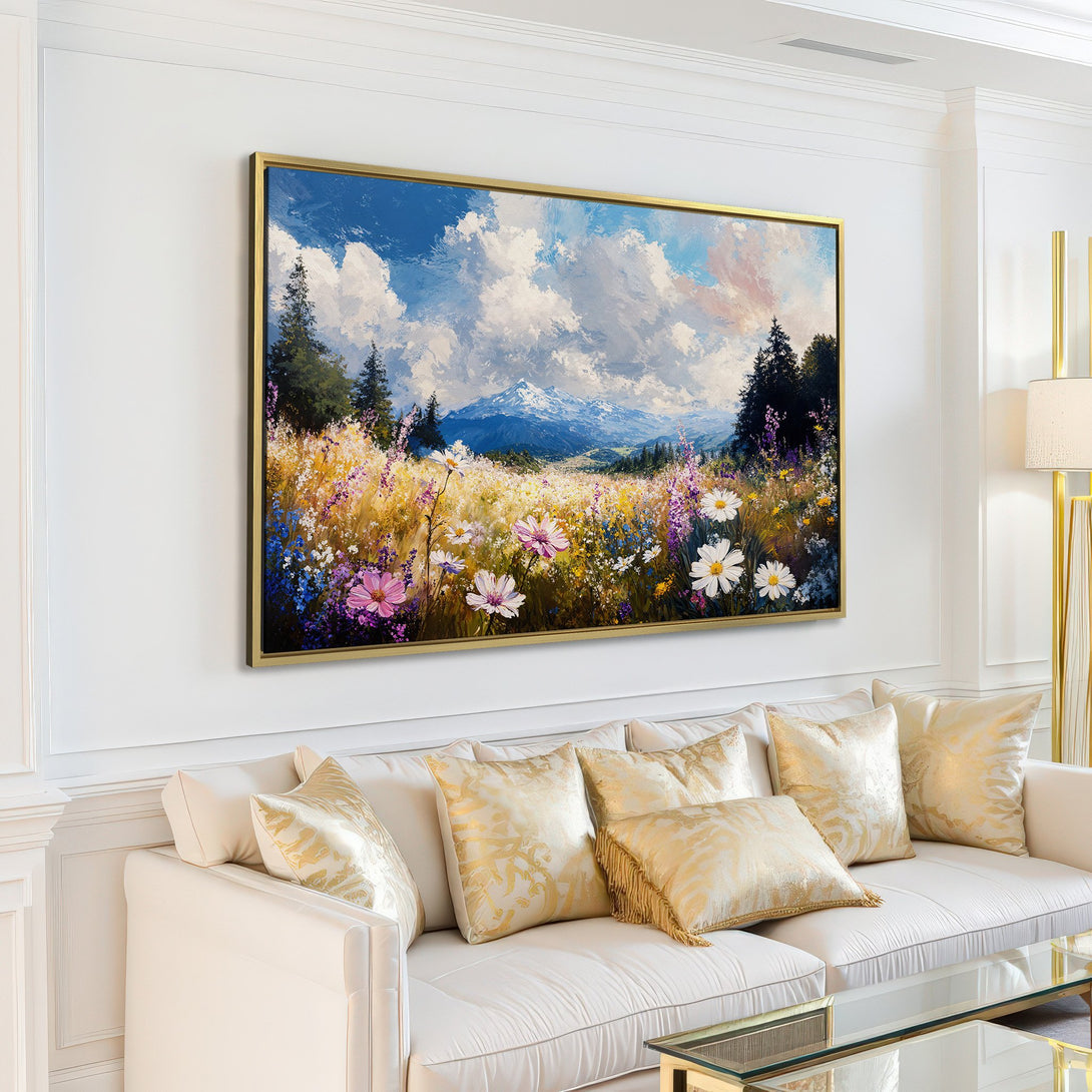 Canvas Print of a vibrant mountain meadow landscape painting in a bright, airy interior. Features blues, greens, and yellows, perfect for adding a touch of nature.