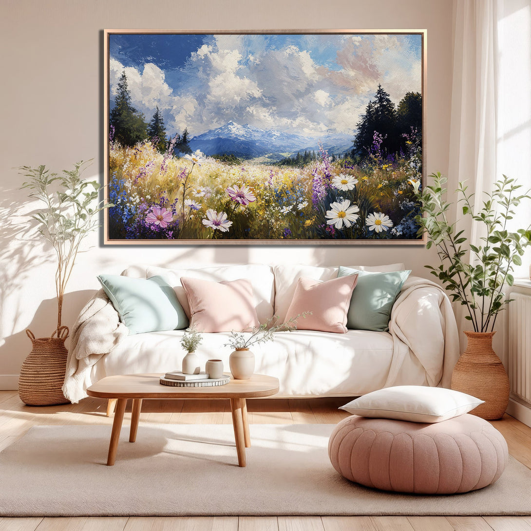 Framed Wall Art: Impressionist landscape Canvas Print with wildflowers, mountain, and blue sky. Soft pastel color palette for a serene living room.