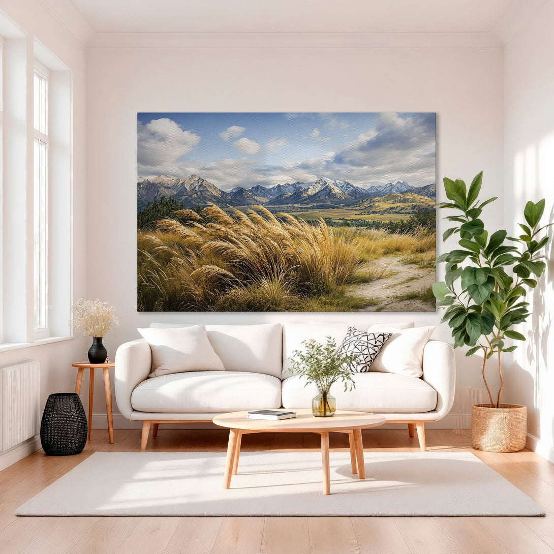 Framed Wall Art: Landscape Canvas Print with golden grasses, mountains, and blue sky. Warm, inviting color palette. Perfect for home decor.