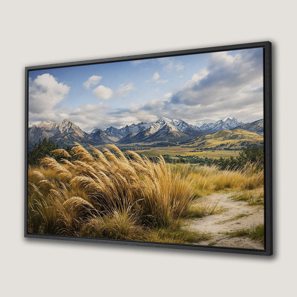 Framed Wall Art: Stunning landscape Canvas Print featuring mountains, golden grasses, and a serene blue sky. Earthy tones create a calming, natural aesthetic.