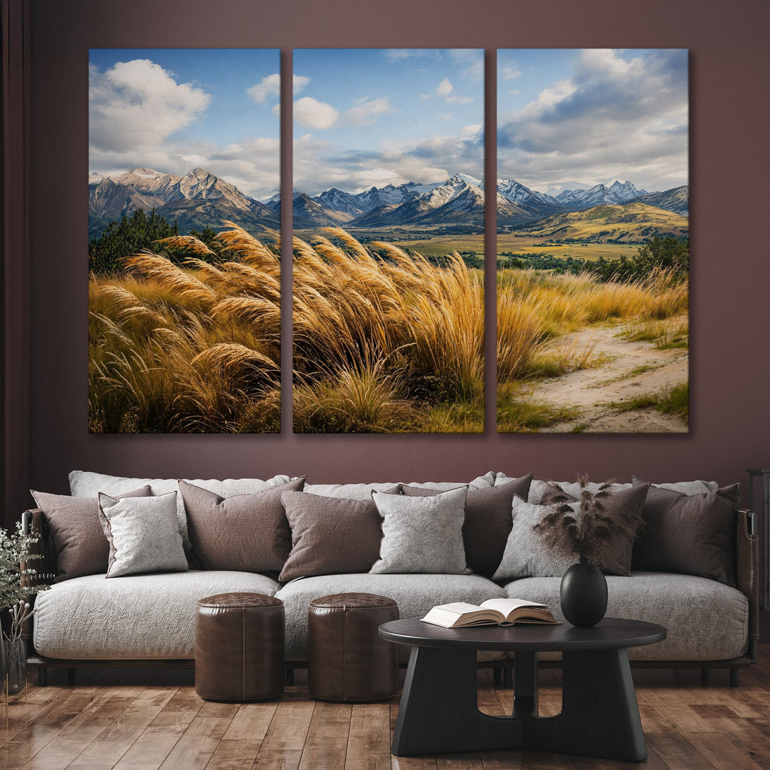 Canvas Print of a mountain landscape with golden grasses, in a warm neutral color palette. Perfect for adding a touch of nature's beauty to your home.