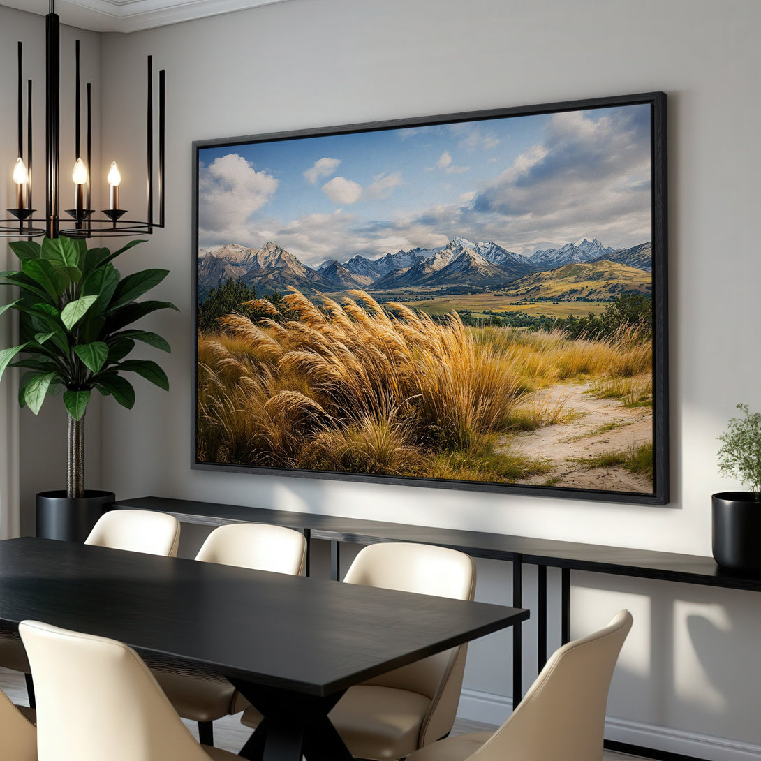 Framed Wall Art: Mountain landscape canvas print in warm tones. Bring nature indoors with this stunning artwork, perfect for any living space.