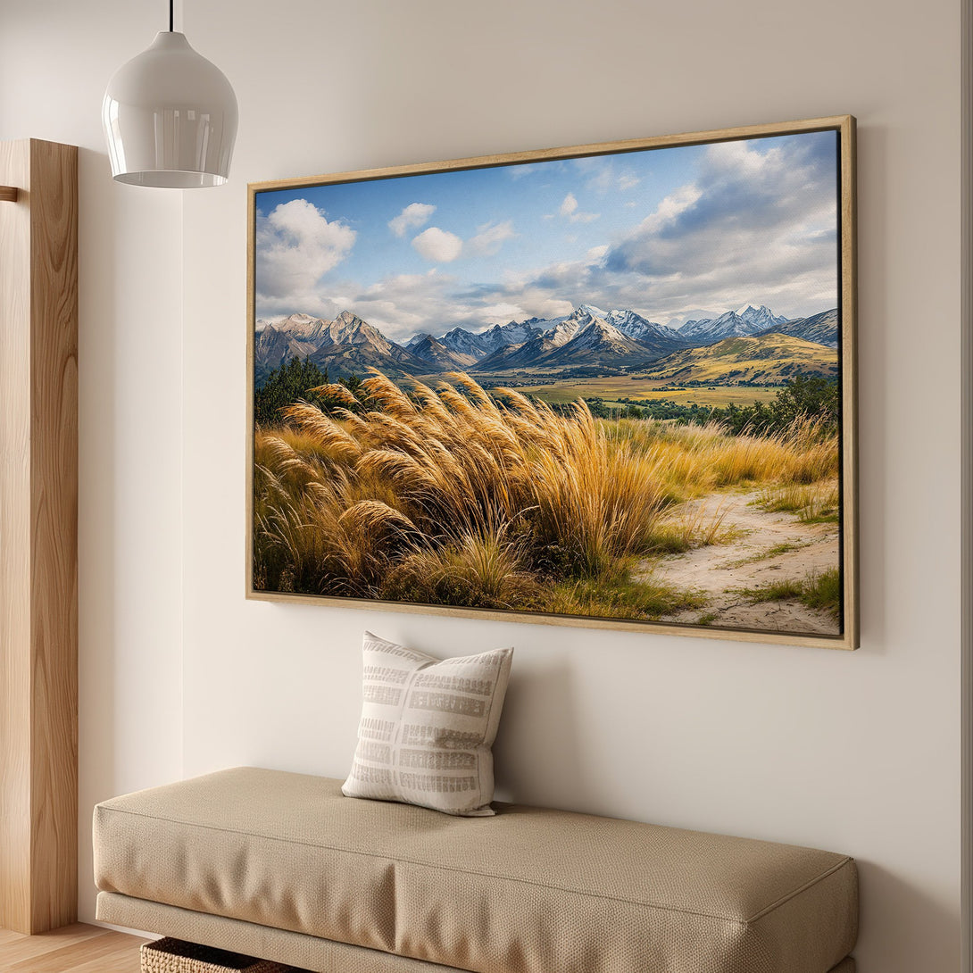 Framed Wall Art of a scenic mountain landscape with golden grasses. Earthy tones and a natural style create a calming, inviting atmosphere. Perfect for any home!