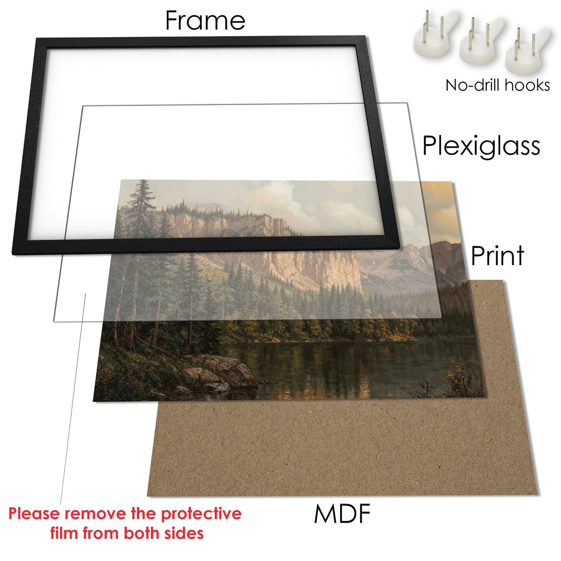 Framed Poster of a serene landscape painting with a natural color palette. Perfect wall art for any home!