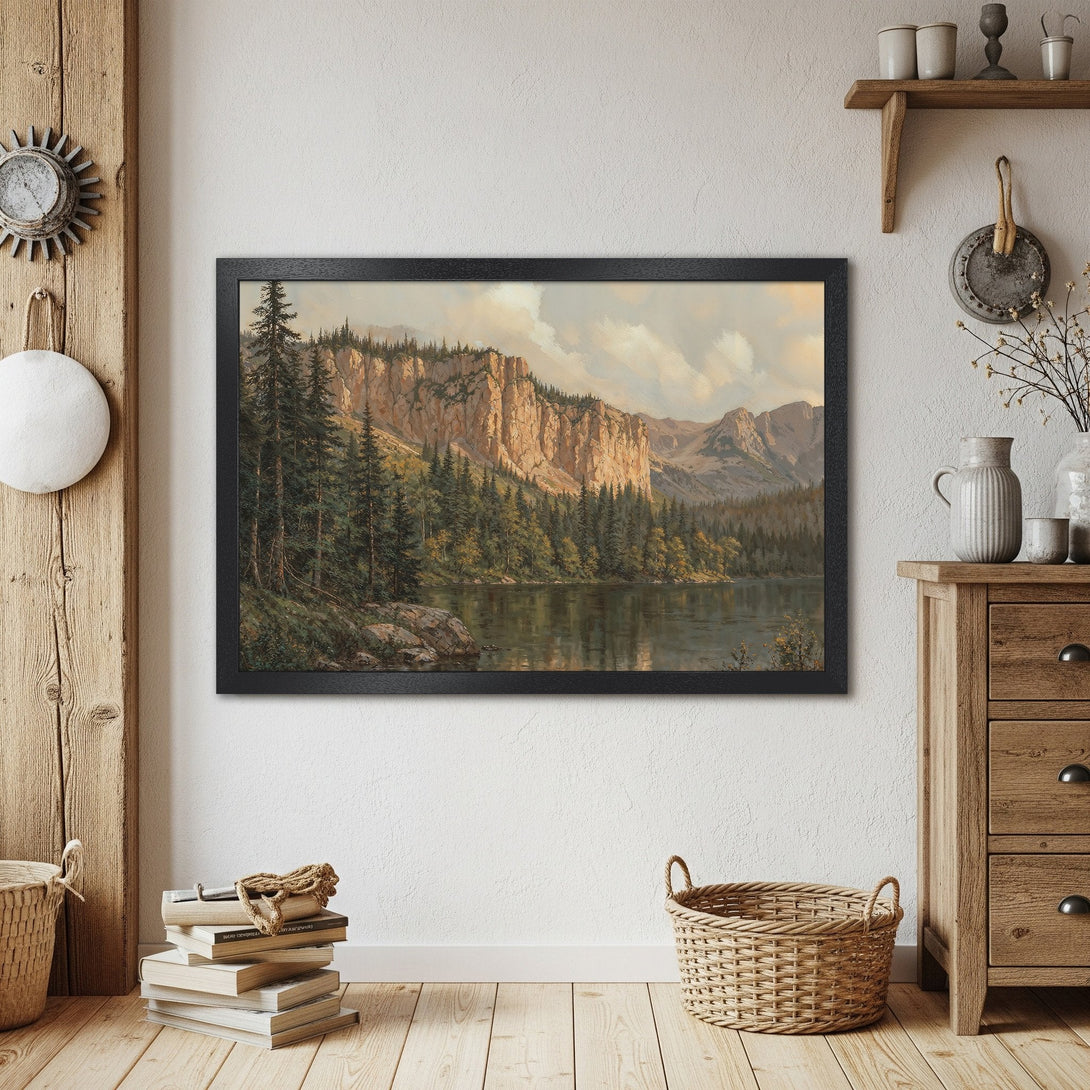 Framed Poster of a serene mountain landscape painting in warm tones. Perfect for adding a touch of nature and rustic charm to your home.