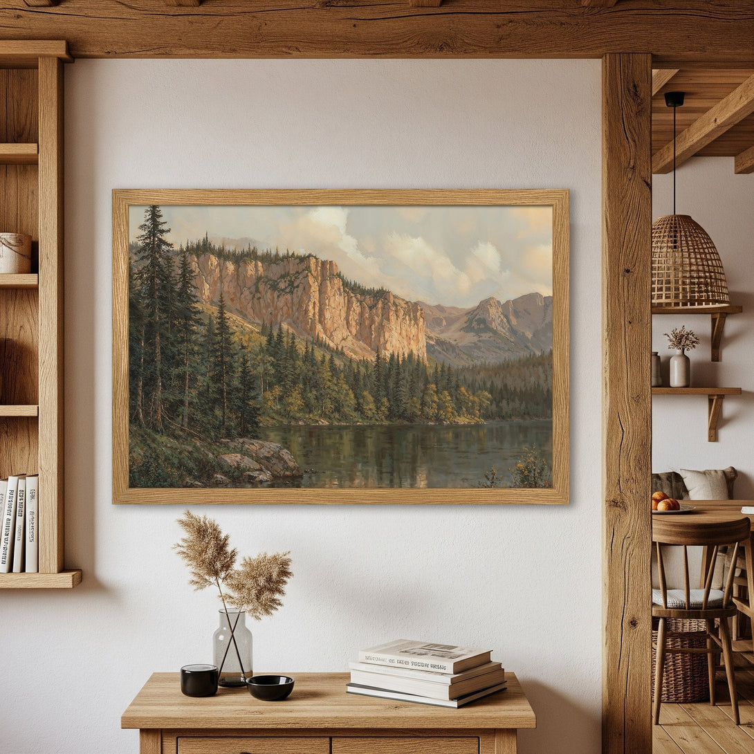 Framed Poster featuring a serene landscape painting in a classic style with a natural color palette. Perfect wall art for a cozy home!