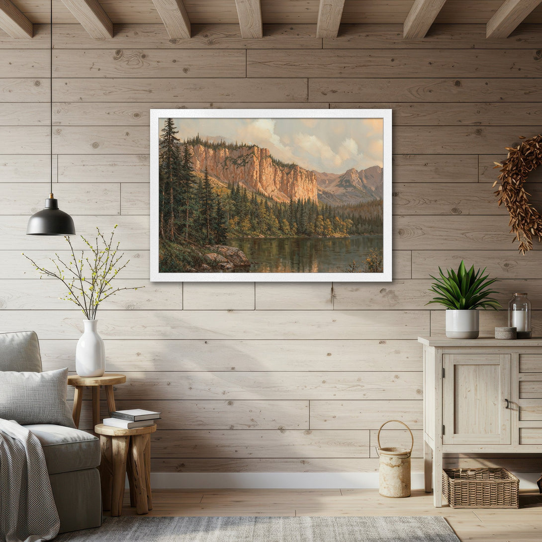 Framed Poster featuring a serene landscape painting. Earthy tones and warm color palette create a cozy, rustic aesthetic. Perfect wall art!