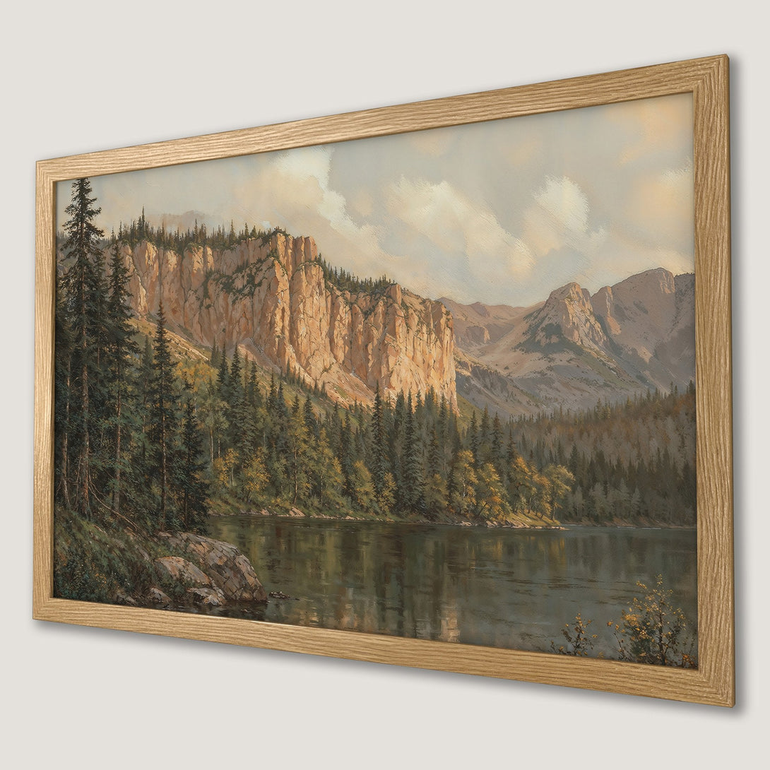 Framed Poster of a serene mountain lake landscape painting in a classic style with a natural color palette.