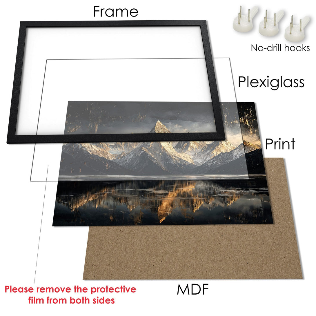Framed Poster featuring a stunning mountain landscape print with a cool, natural color palette. Ready to hang!