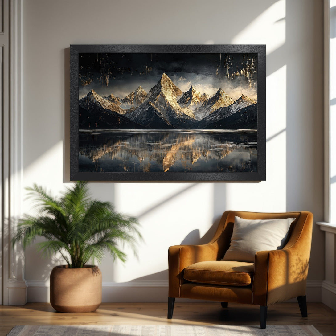 Framed Poster featuring a stunning mountain landscape with a dark, moody style and a cool, neutral color palette. Perfect wall art!