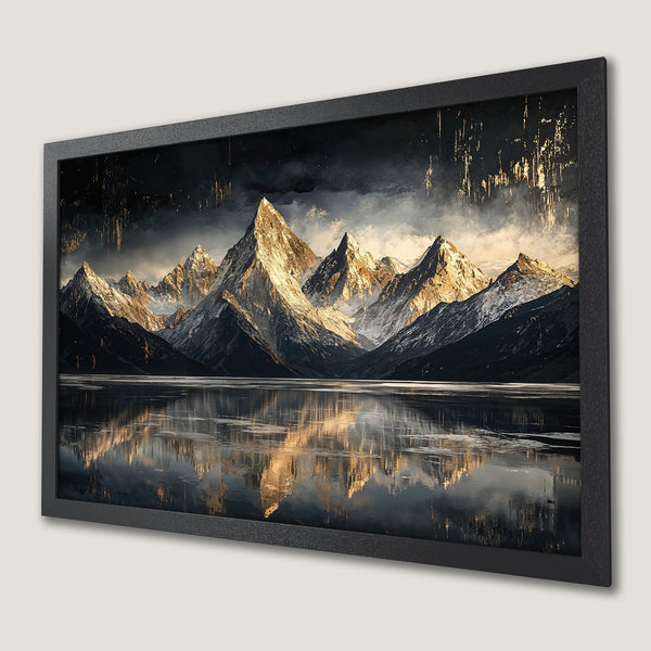 Framed Poster of majestic mountains reflecting in a lake, dramatic art style, cool and warm tones.