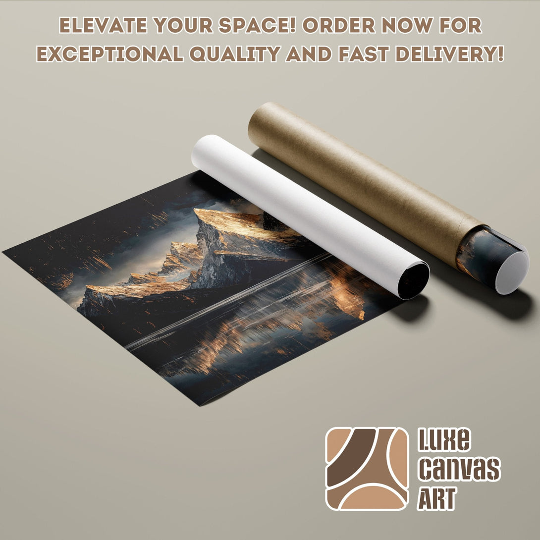 Mountain landscape Poster Roll art print, dark and gold color palette, ready to elevate your space!