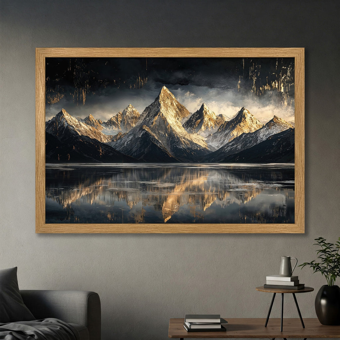 Framed Poster featuring a stunning mountain landscape with a dark, moody sky and a cool, neutral color palette. Add nature to your home!