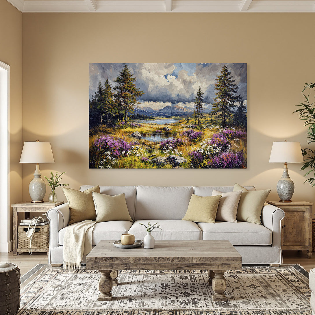 Framed Wall Art: Landscape Canvas Print with vibrant purple and green hues. Classic oil painting style, perfect for adding warmth to any interior.