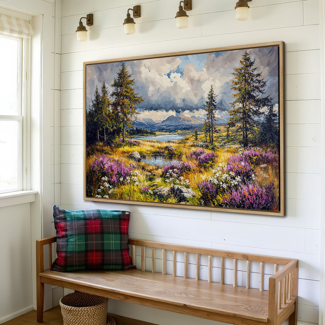 Framed Wall Art: Landscape painting with vibrant purple wildflowers, trees, and mountains. Warm color palette brings nature's beauty indoors. Perfect home decor!