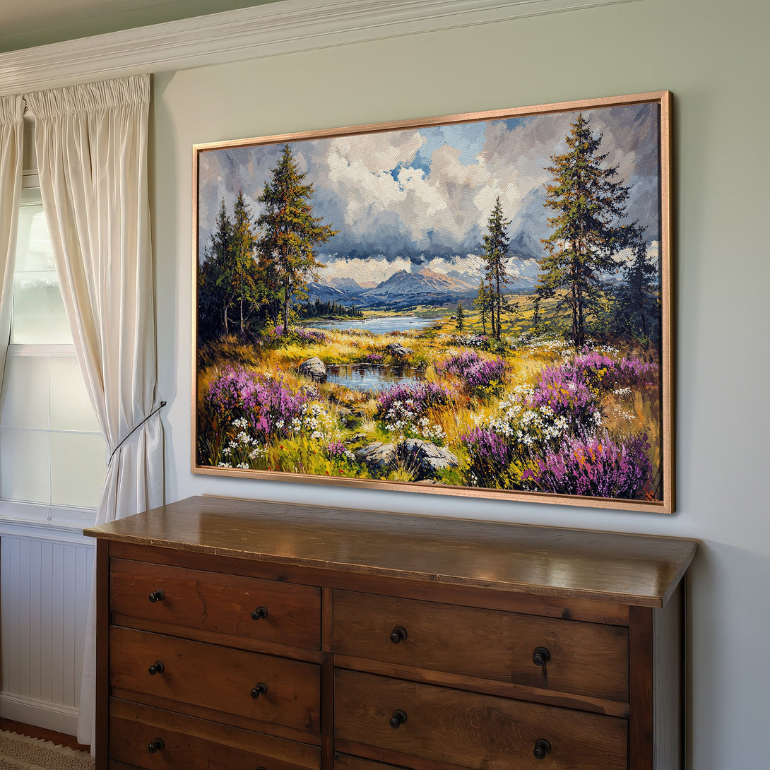 Framed Wall Art: Landscape Canvas Print with vibrant wildflowers, trees, and mountains. Warm, earthy tones with pops of purple and blue. Perfect for home decor.