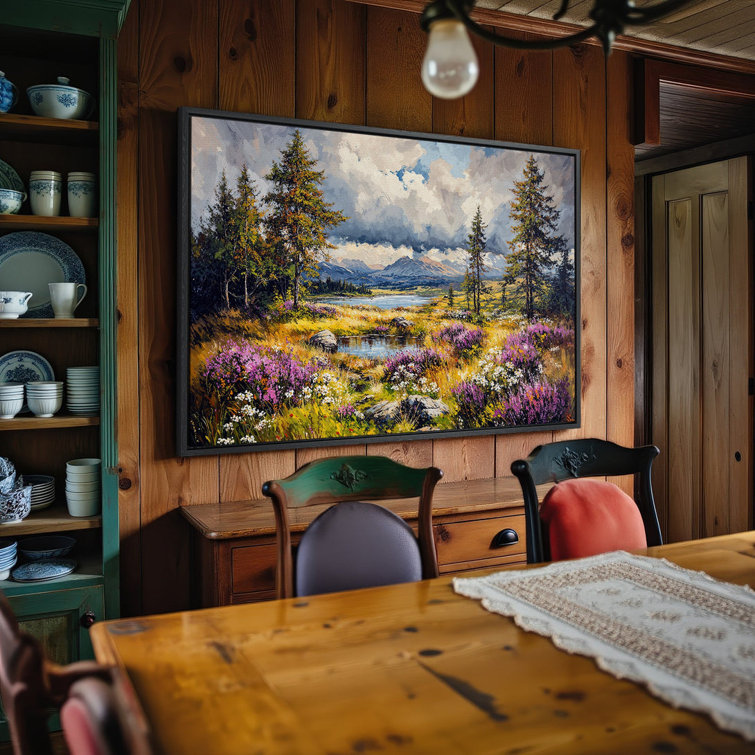 Framed Wall Art: Landscape Canvas Print with vibrant purple and green hues. Rustic style artwork adds warmth to any interior. Shop now!