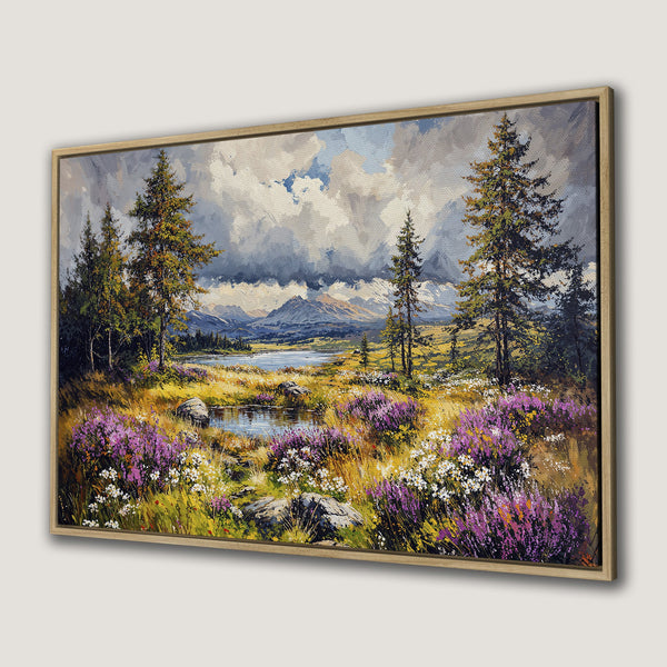 Framed Wall Art of a vibrant landscape painting. Features a serene lake, purple wildflowers, and lush green trees. Earthy tones with pops of color.