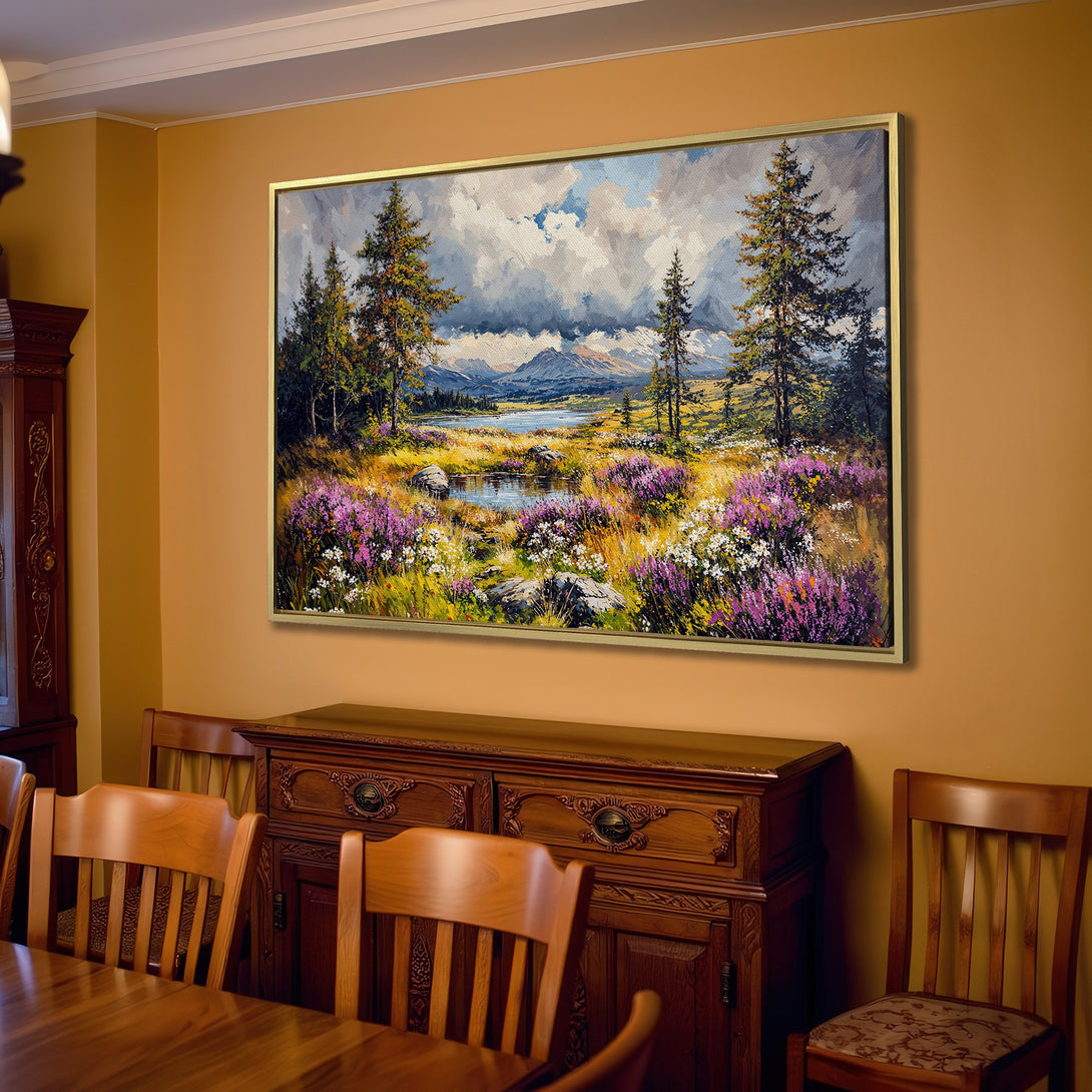 Canvas Print of a landscape painting with vibrant purple flowers, trees, and mountains. Warm, earthy tones create a cozy, inviting atmosphere.