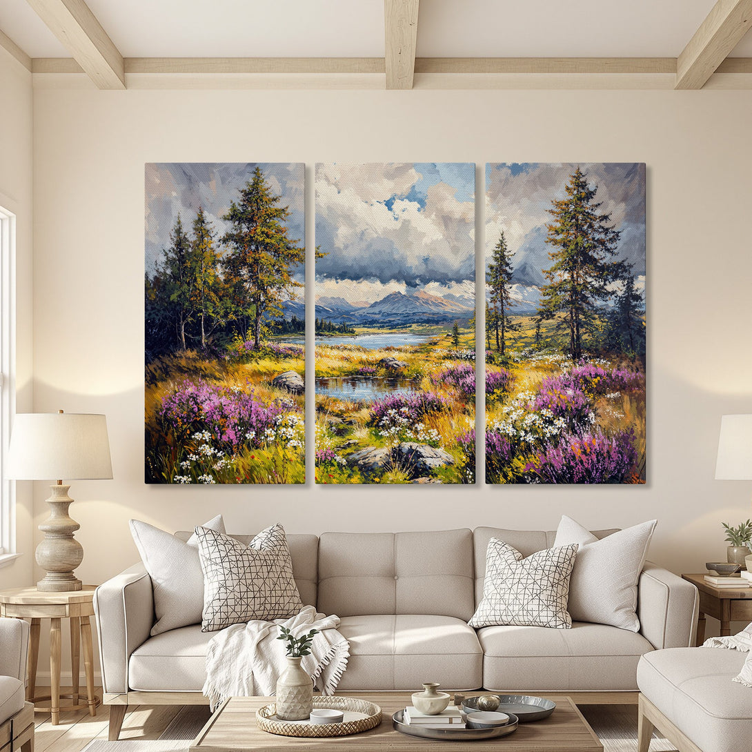 Canvas Print of a serene landscape painting with mountains, trees, and flowers. Features a warm, natural color palette, perfect for home decor.