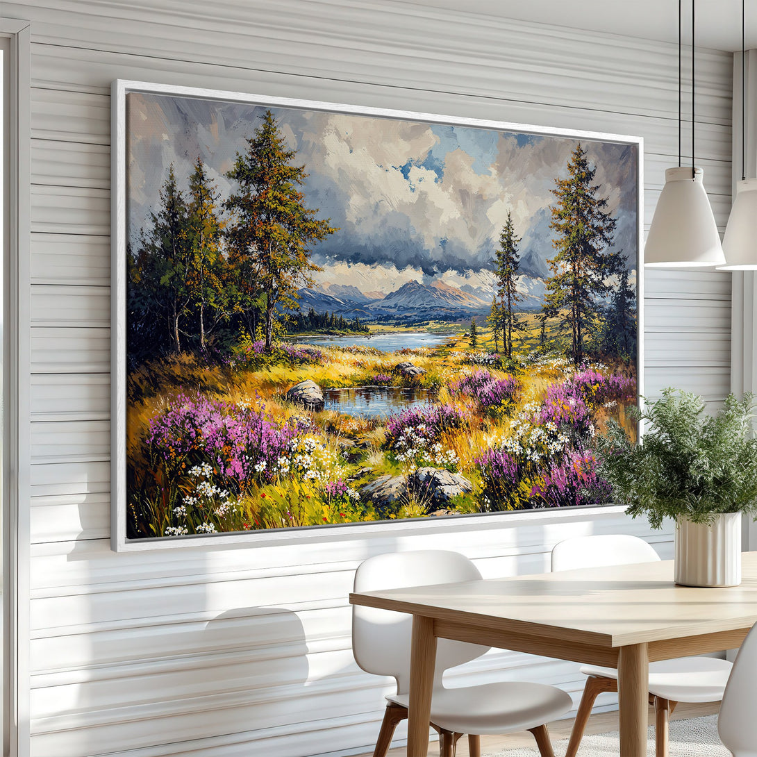 Framed Wall Art: Landscape painting with mountains, lake, and colorful wildflowers. Artistic style with a warm, earthy color palette. Perfect for home decor.