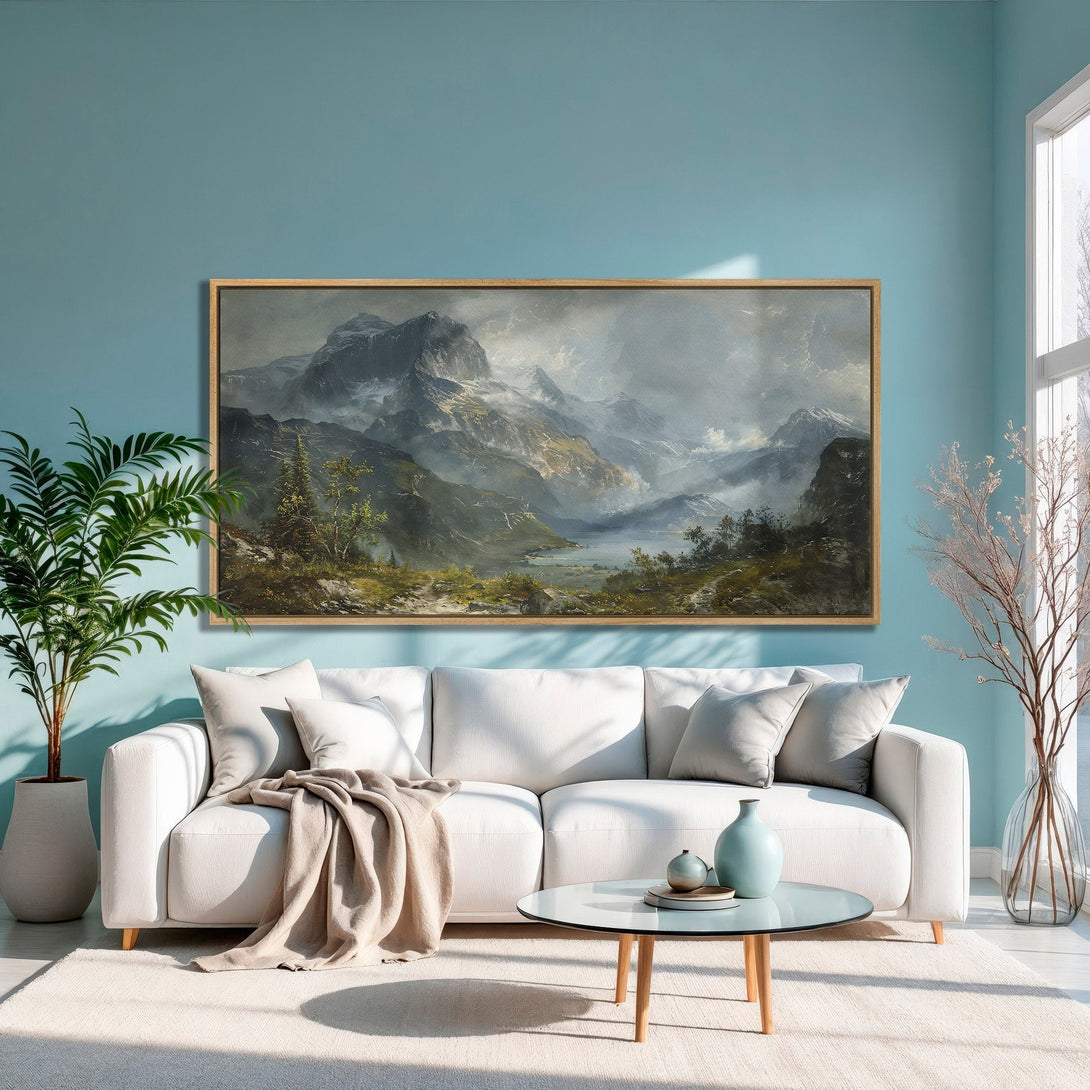 Framed Wall Art: Majestic mountain landscape canvas print in muted blues, greens, and grays. Elevate your space with this stunning artwork!