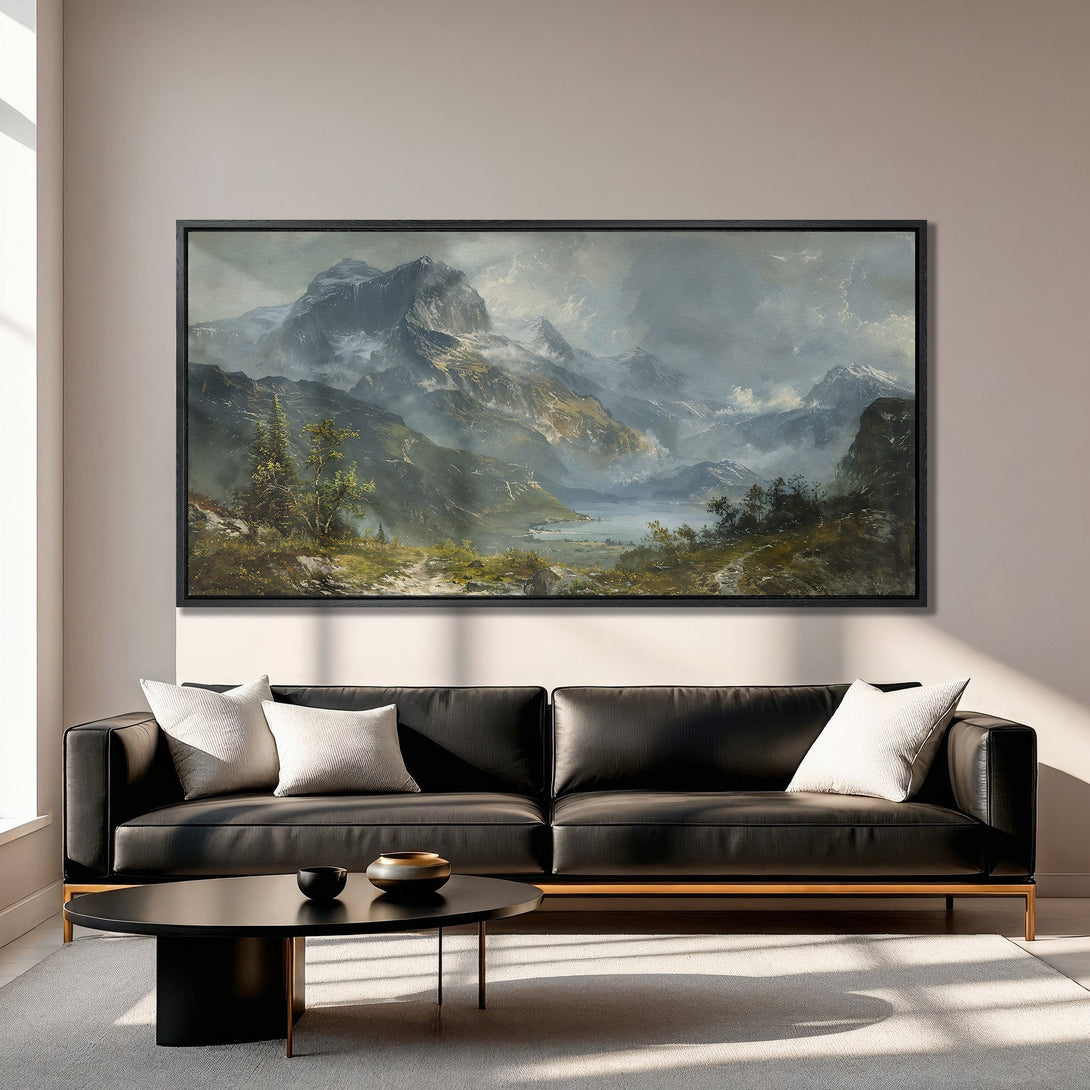 Framed Wall Art: Majestic mountain landscape canvas print in muted greens, blues, and grays. Elevate your space with this stunning artwork.