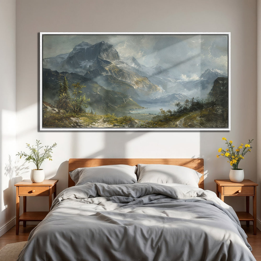 Framed Wall Art: Majestic mountain landscape painting in cool gray and green tones. Perfect for adding a touch of nature to your bedroom decor.