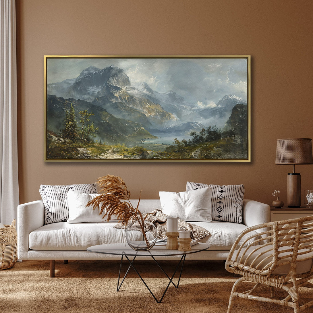 Canvas Print of a majestic mountain landscape painting in a classic style, featuring a muted color palette of blues, greens, and grays.