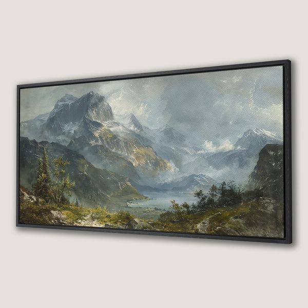 Framed Wall Art of a majestic mountain landscape in a classic, painterly style. Features a cool, muted color palette of blues, greens, and grays.